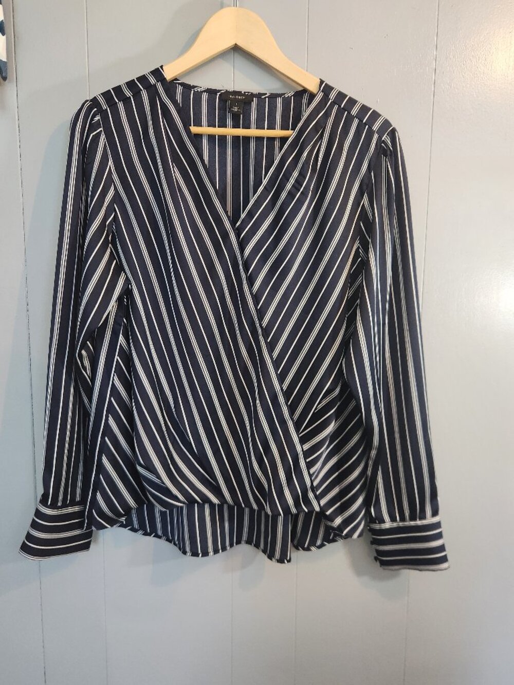 Halogen blue white striped surplice wrap blouse top shirt